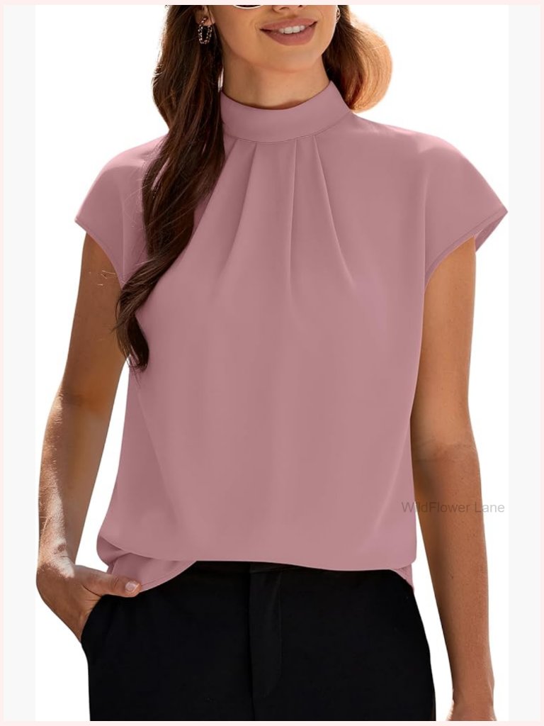 Womens Mock Neck Short Cap Sleeve Blouse Front Pleated Tunic Top Solid Work